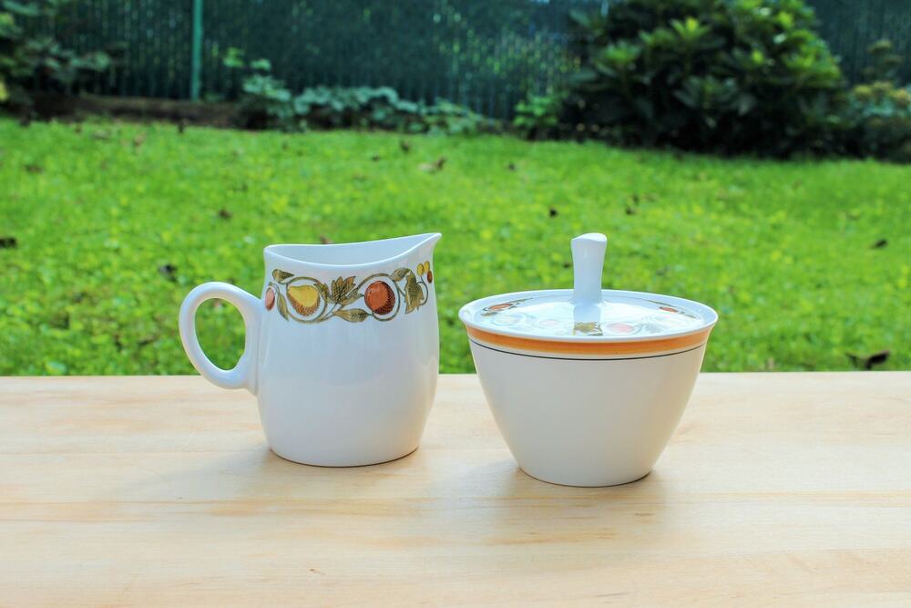 Franciscan Whitestone Sugar and Creamer Set Japan Fruit Design White Ceramic